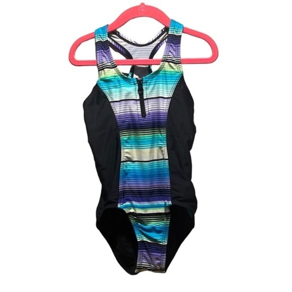 ZeroXposur Girl’s swimsuit Sporty Stripes Zipper Size XS 4 or 5